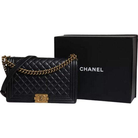 Chanel Black Large Lambskin Double Chain Gold Leather Shoulder Bag - Picture 3 of 8